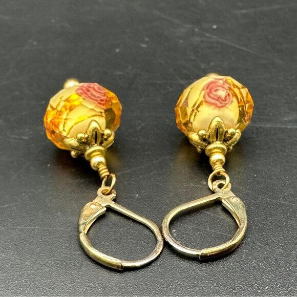 Faceted Bead Earrings Amber Pink Roses Cottagecore Dangle Drop Gold Toned - Picture 3 of 8